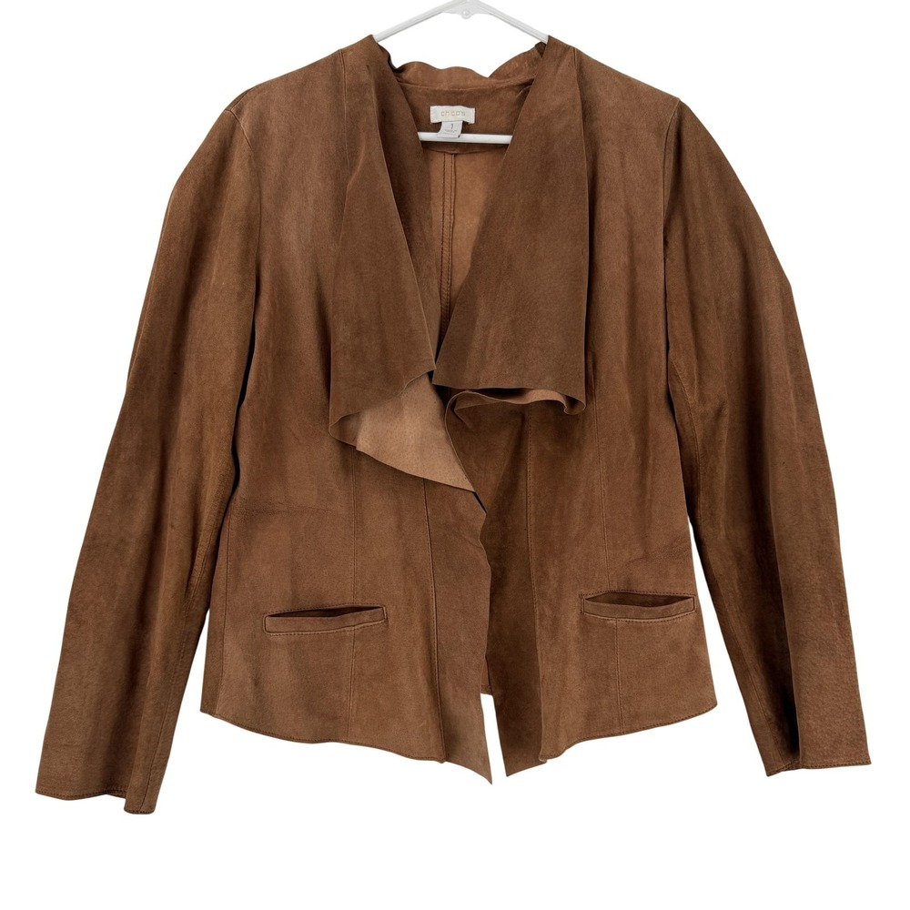Chico's Leather Jacket Womens 1 Brown Suede Open‎ Front Waterfall Collarless